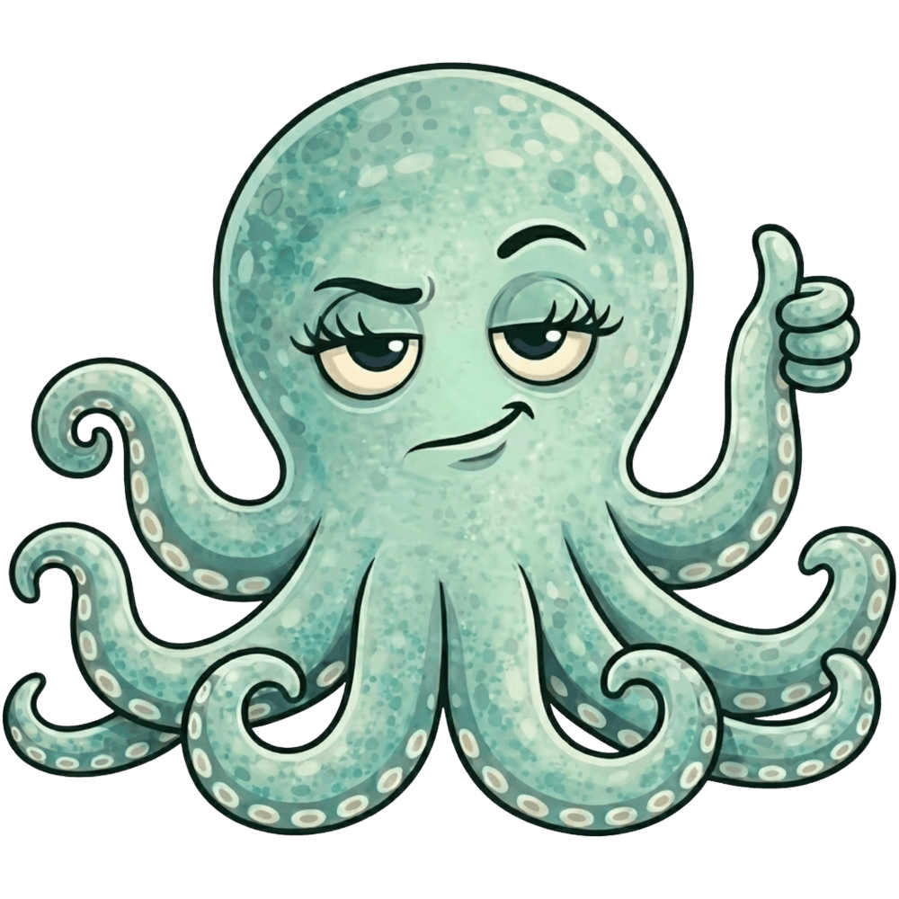 A teal octopus with a smirk and a sarcastic thumbs up.