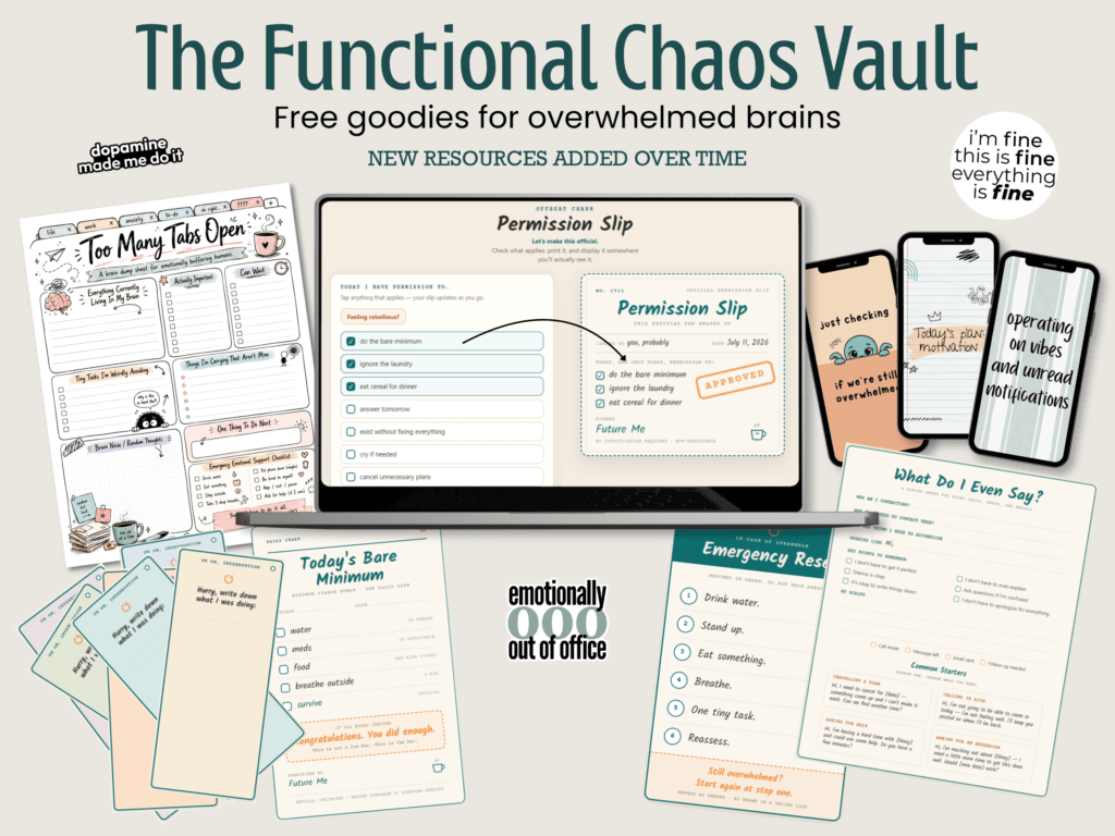 Preview of the Functional Chaos Vault with free ADHD printables, worksheets, phone wallpapers, and interactive tool resources from Offbeat Charm.