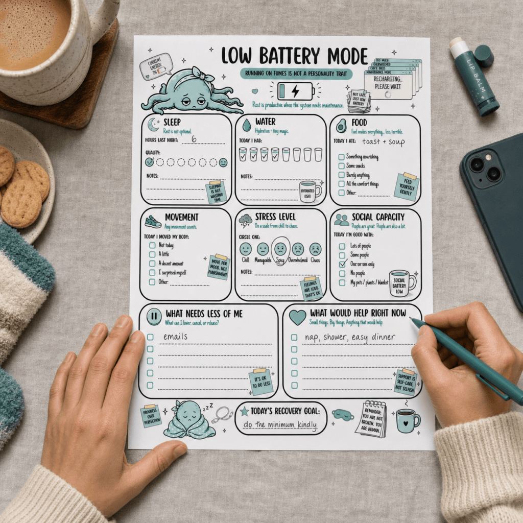 a low battery mode worksheet with doodles, a teal octopus, and multiple boxes for tracking where you actually are for the day. the image includes a person's hands and various desk and lifestyle props.