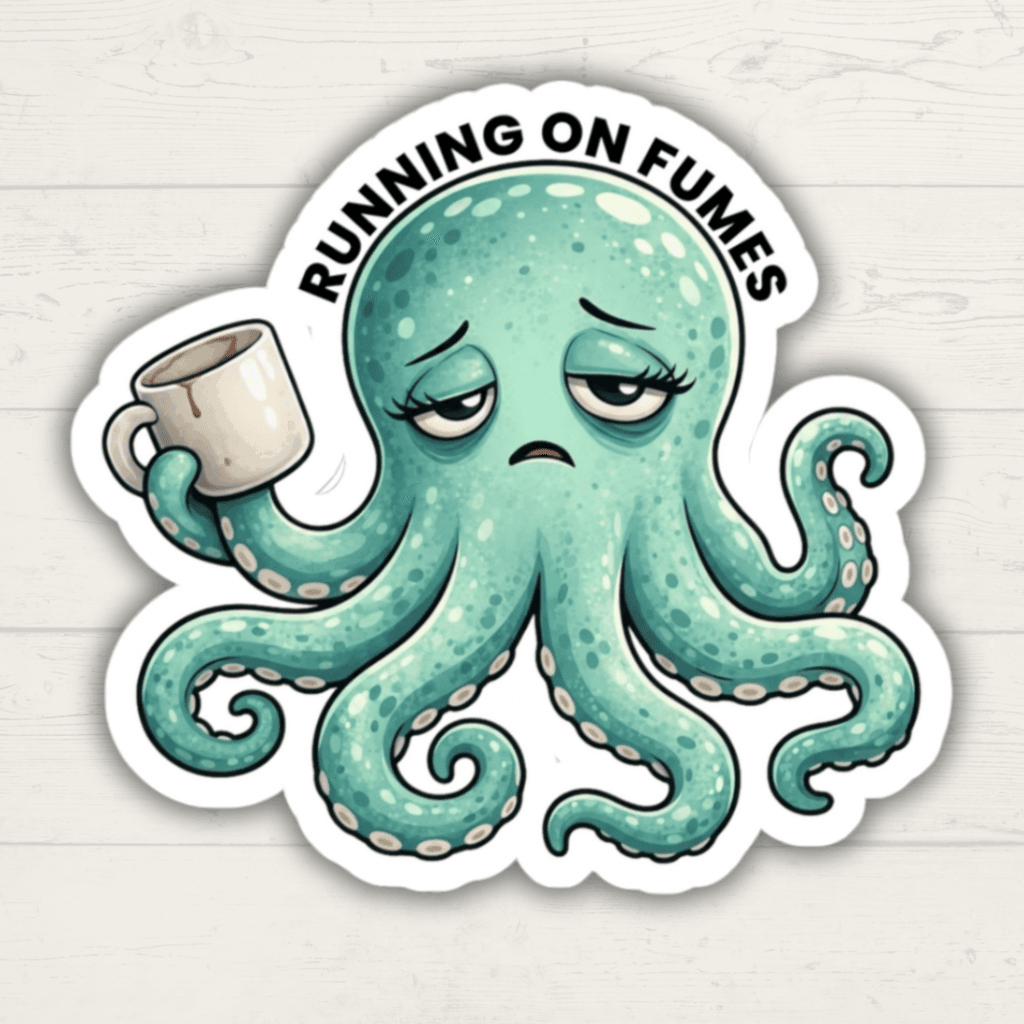 Running on Fumes octopus sticker featuring a tired teal octopus holding an empty coffee mug.
