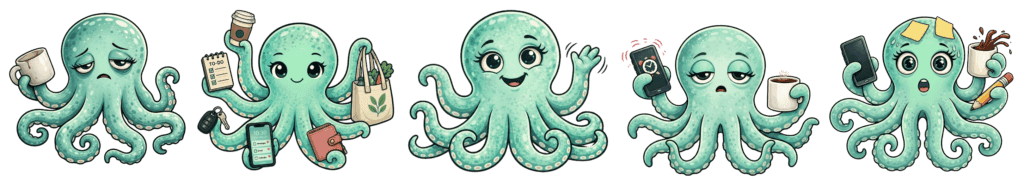 Five illustrated teal octopus characters representing different overwhelmed moods, including tired, productive, calm, distracted, and overstimulated.